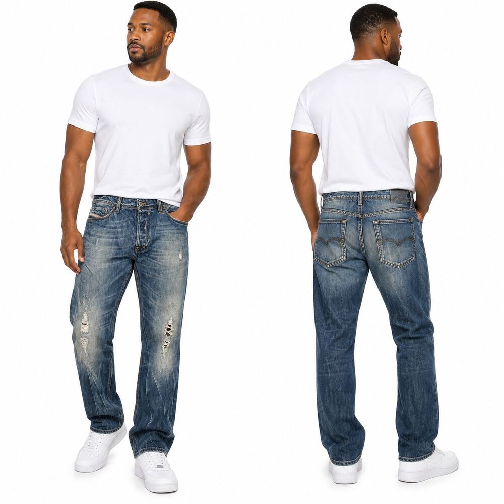 Diesel Safado Men's Distressed Blue Jeans Straight Leg Button Fly Size 36x32